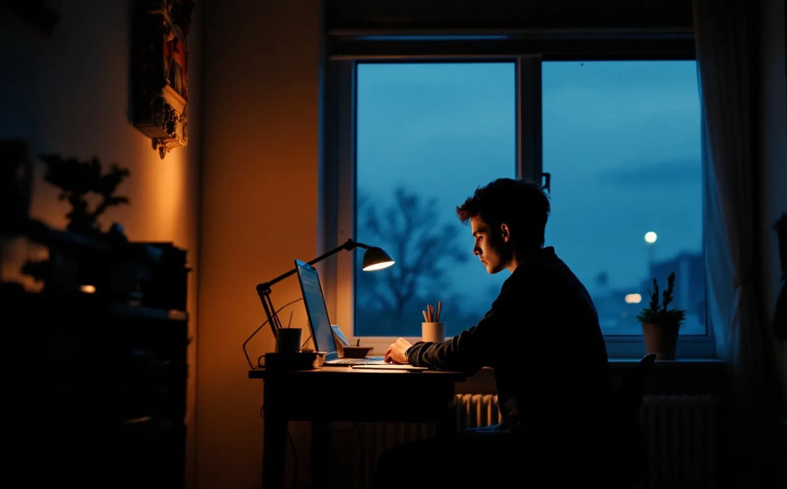 An Australian Year 12 student studying at a desk by a window at night