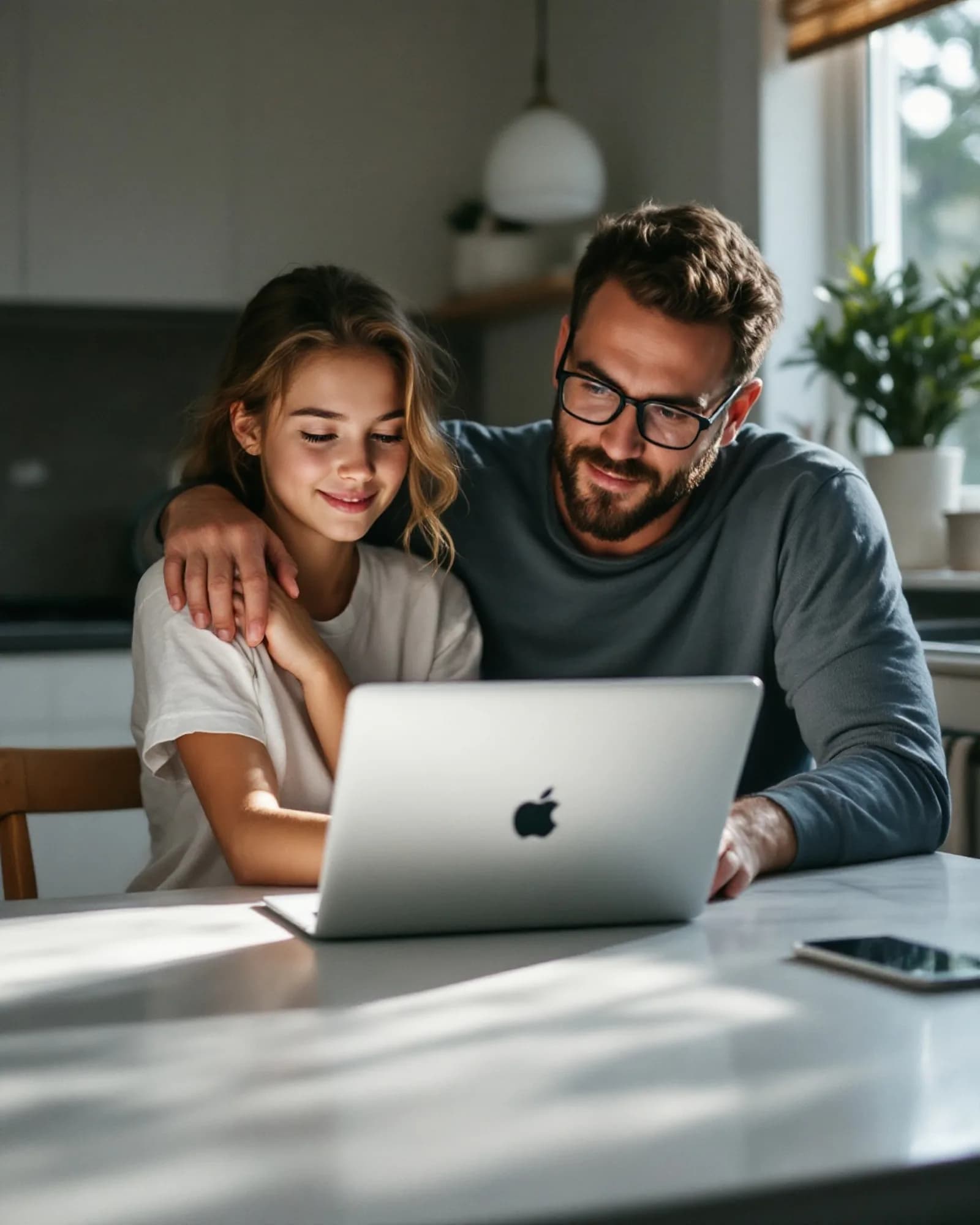 A parent and their teenager looking at study options together at home